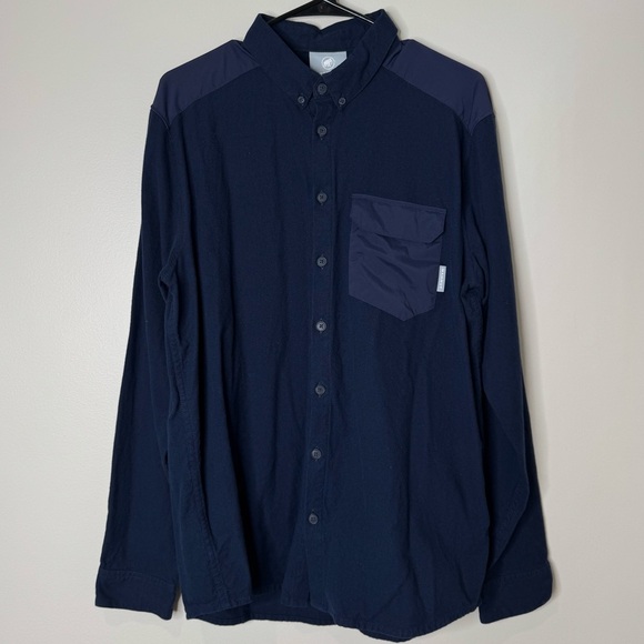 Mammut Men’s Navy Blue Flannel Nylon Button Down Chest Pocket Long Sleeve Shirt - Picture 1 of 13